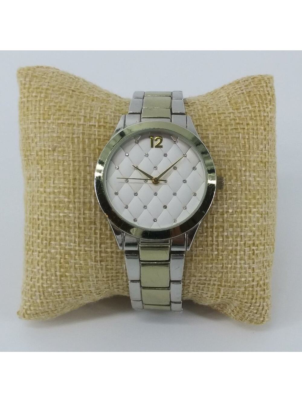 OPI Womens Wristwatch Watch Quilted Rhinestone Silver Tone Chunky